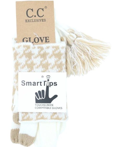Houndstooth Cuffed CC Gloves, Color: Ivory &amp; Beige