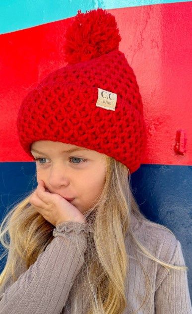 Kids Bee Stiched Knit Pom Beanie, Color: Red