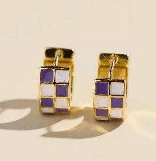 Purple &amp; White Checkered Enamel Huggies, Color: Gold
