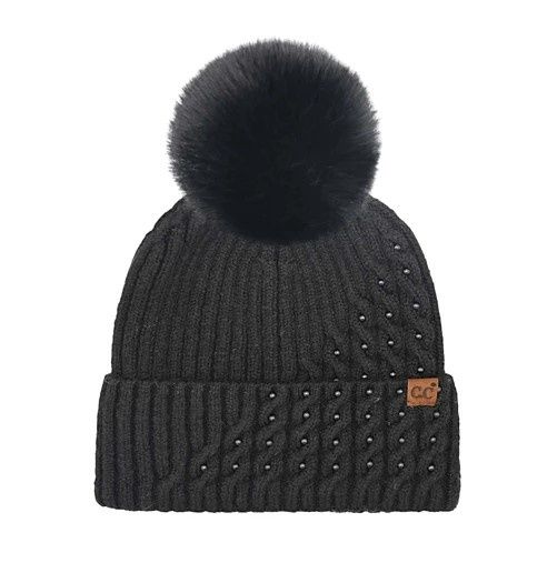 Pearl Embellished Cable Knit CC Faux Fur Pom Beanie, Color: Black
