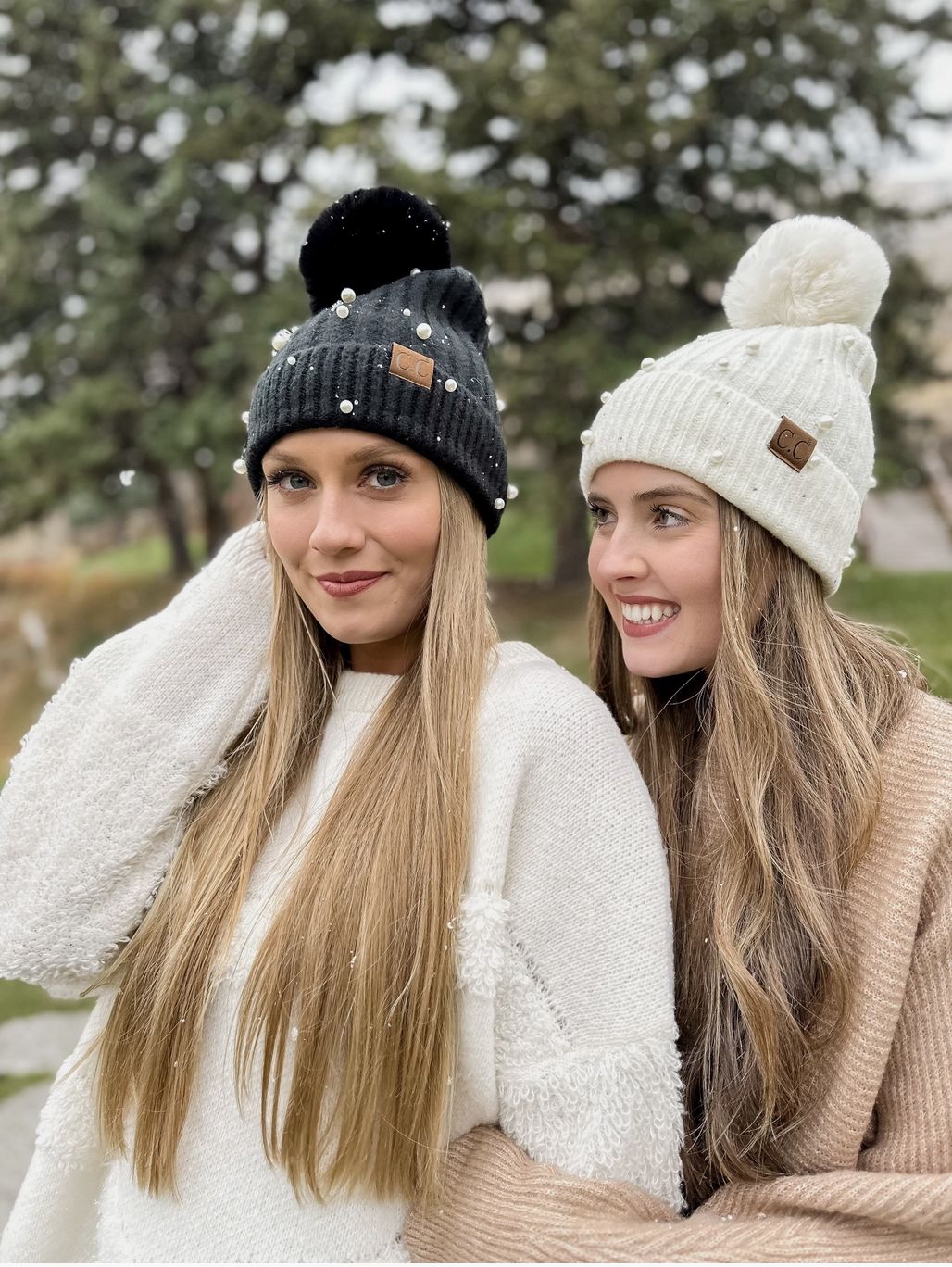 Pearl Embellished Faux Fur Pom Beanie