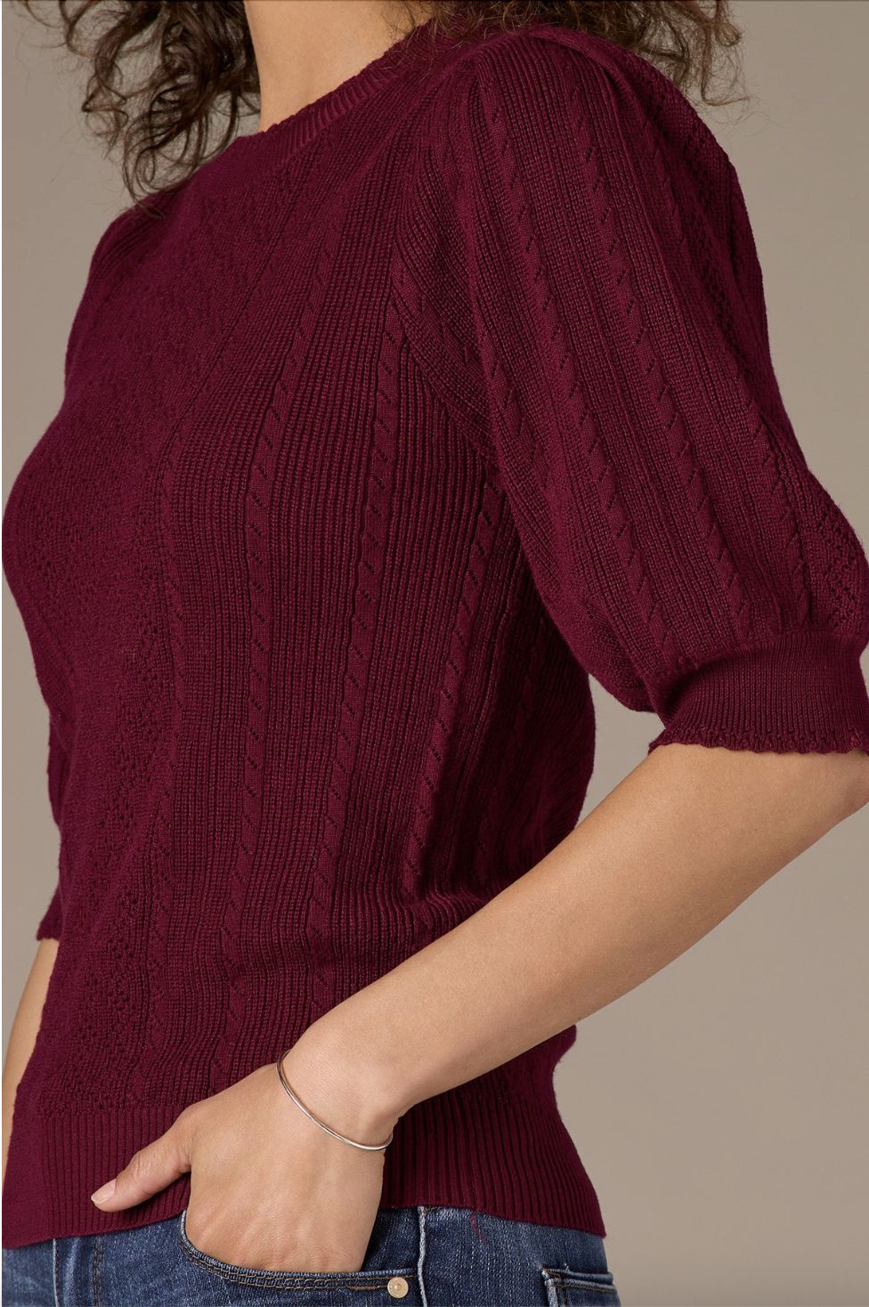 Pleated Elbow Sleeve Round Neck Banded Hem Sweater w/ Scalloped Edge