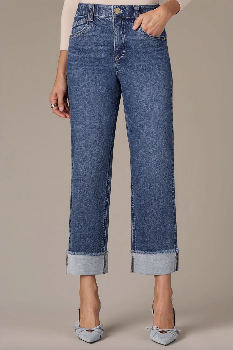 High Rise Clean  Finish  Fray Cuff  Hem Boyfriend  Jeans, Color: Indigo Denim, Size: 4