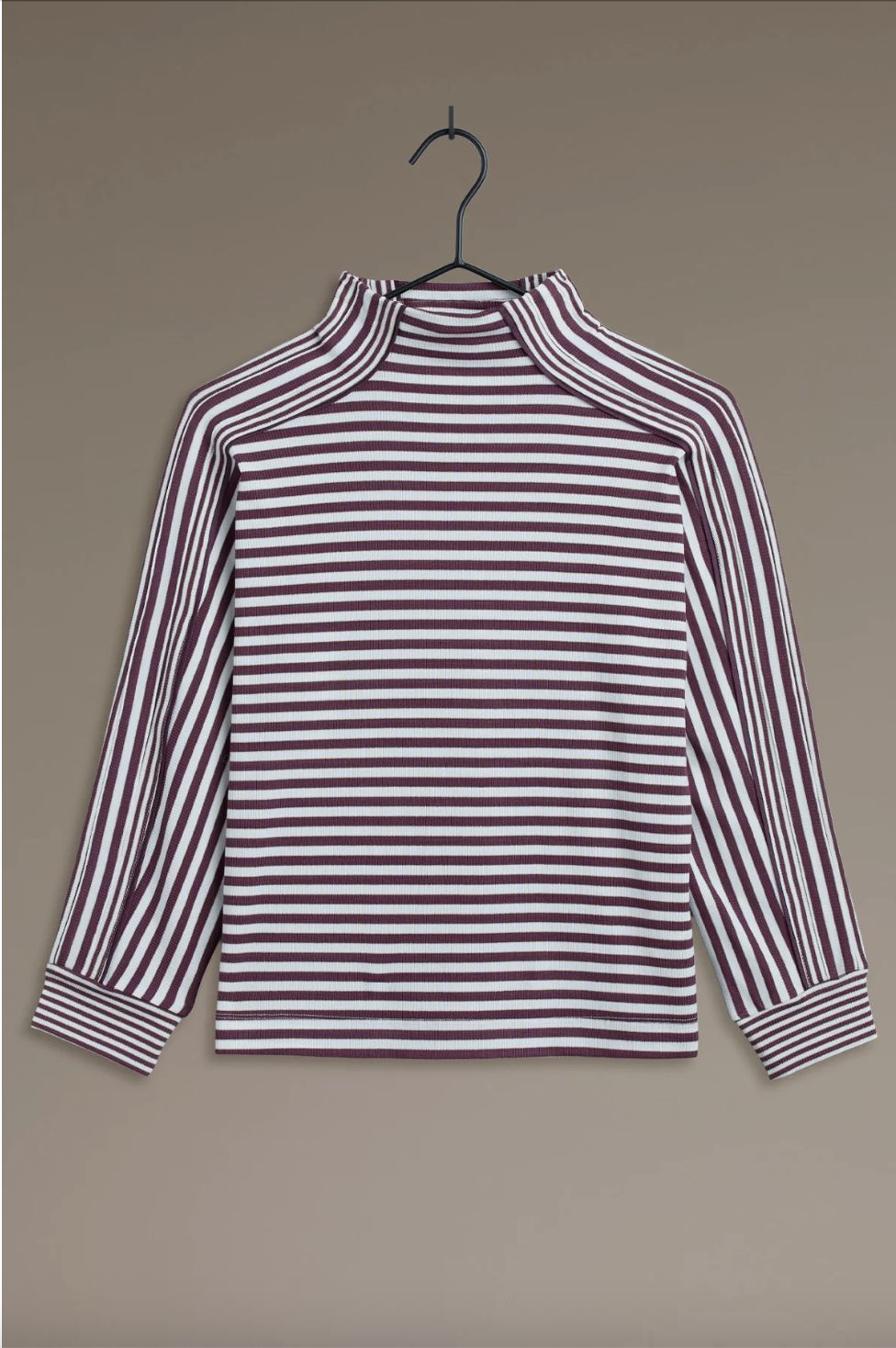 3/4&quot; Dolman Sleeve Mock Neck Stripe Print Knit Top, Color: Wild Plum Off White Stripes, Size: Large