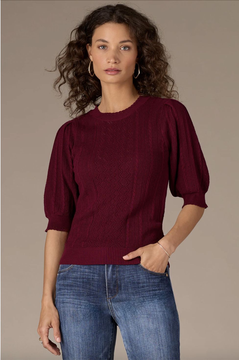 Pleated Elbow Sleeve Round Neck Banded Hem Sweater w/ Scalloped Edge, Color: Wild Plum, Size: Extra Small
