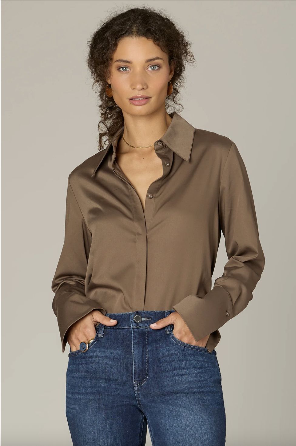 Long French Cuff Sleeve Button Down Woven Top, Color: Ginger Snap, Size: Extra Small