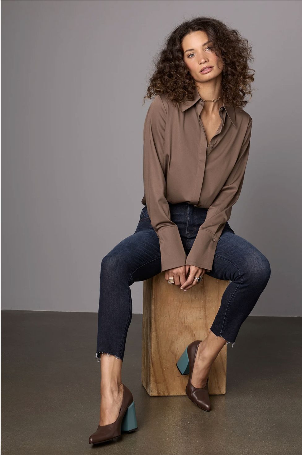 Long French Cuff Sleeve Button Down Woven Top