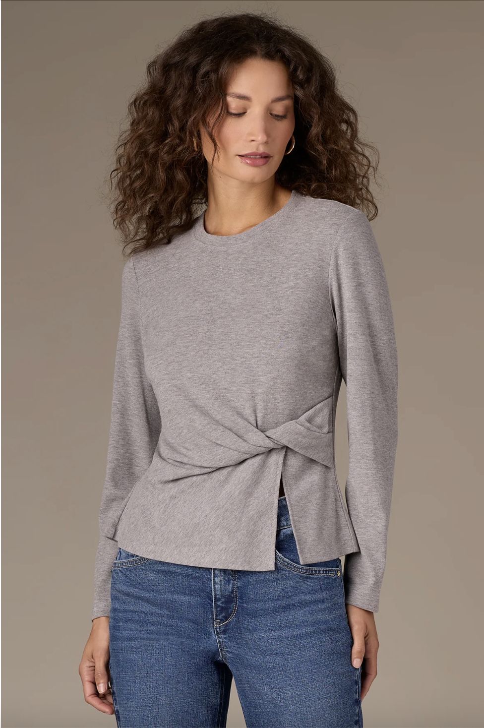 Long Sleeve Scoop Neck Twist Waist Knit Top, Color: Heather Grey, Size: Extra Small