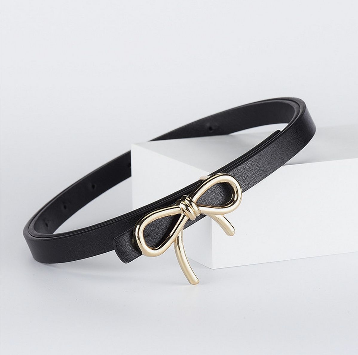 Bow Pu Leather Skinny Belt | Elegant Waist Cincher, Color: Black