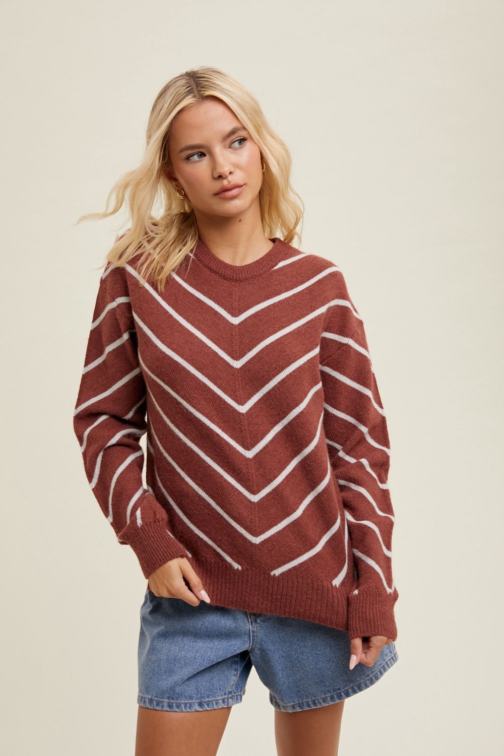 Chevron Knit Sweater, Color: Brick/Grey, Size: Small