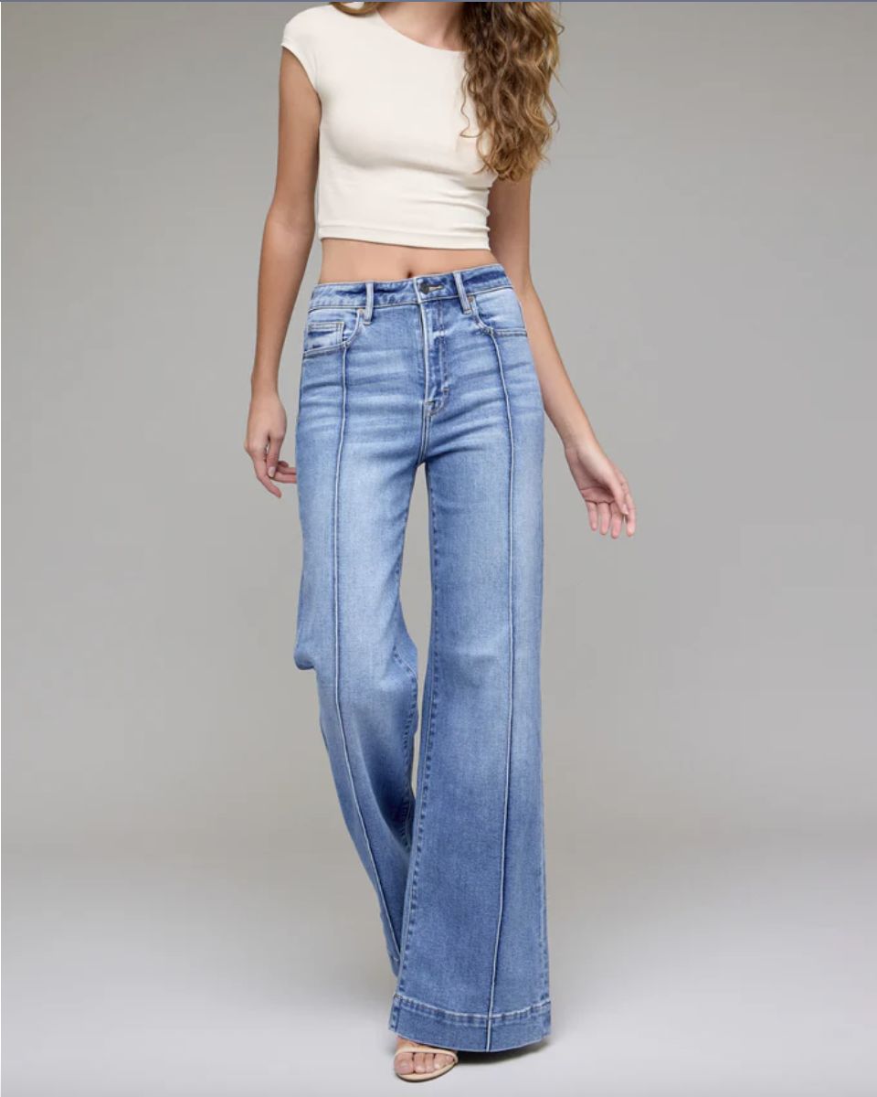 Happi High Rise Flare with Pintucks, Color: Medium Wash, Size: 27