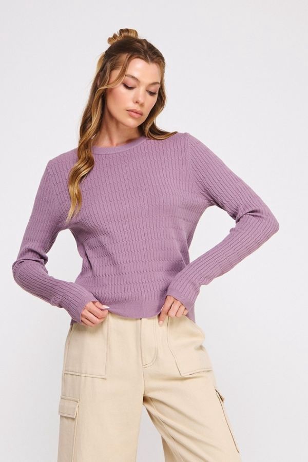 Fine Gauge Tight Cable Knit Sweater, Color: Orchid, Size: Small