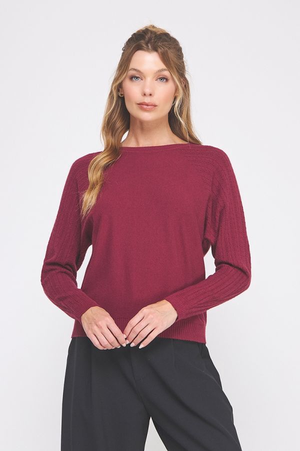 Fine Gauge Sweater With Braided Pointelle Sleeves, Color: Rosewood, Size: Small