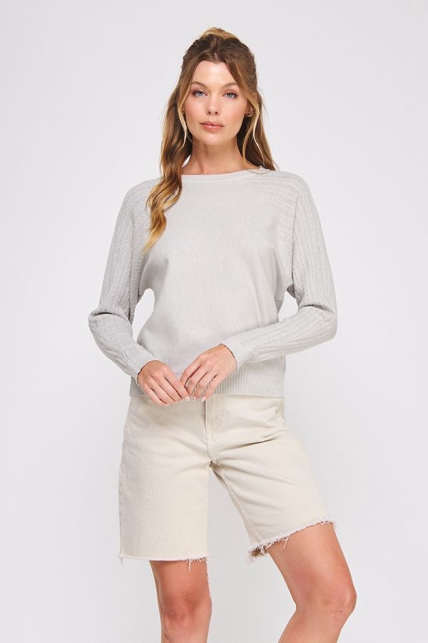 Fine Gauge Sweater With Braided Pointelle Sleeves