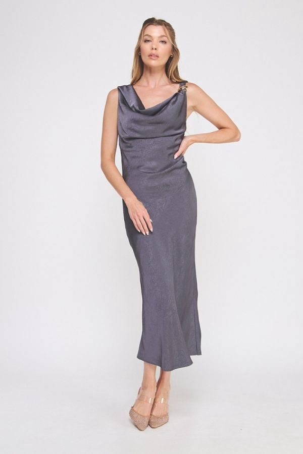 Crinkled Satin Cowl Neck Midi Dress