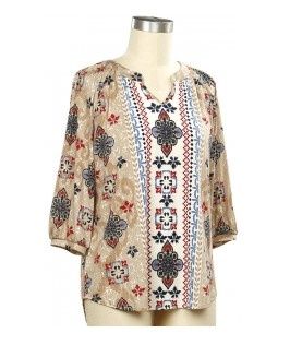 Denim Date 3/4 Slv Print Peasent Top, Color: Baked Apple Tan, Size: Small