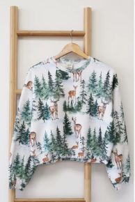 All Over Print Cropped Sweatshirt, Color: Reindeer, Size: Small