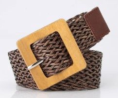 Vintage Woven Belt with Square Wooden Buckle, Color: Coffee