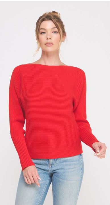Soft Ribbed Gauge Pullover Dolman, Color: Red, Size: Small