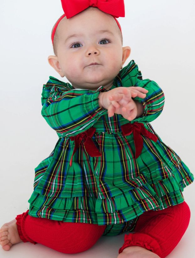 Baby Girls Nicholas Plaid Woven Long Sleeve Waterfall Bow Swing Top &amp; Bloomer Set, Color: Green, Size: 6-12M