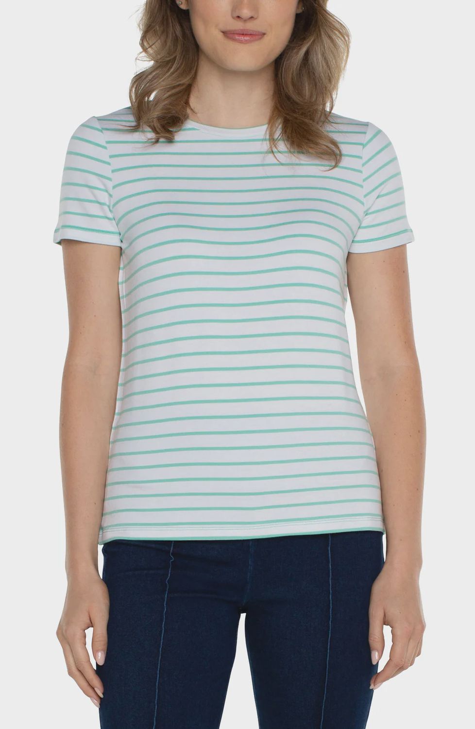 Short Sleeve Crew Neck Classic Knit Tee, Color: White W/ Mint Stripe, Size: Extra Small