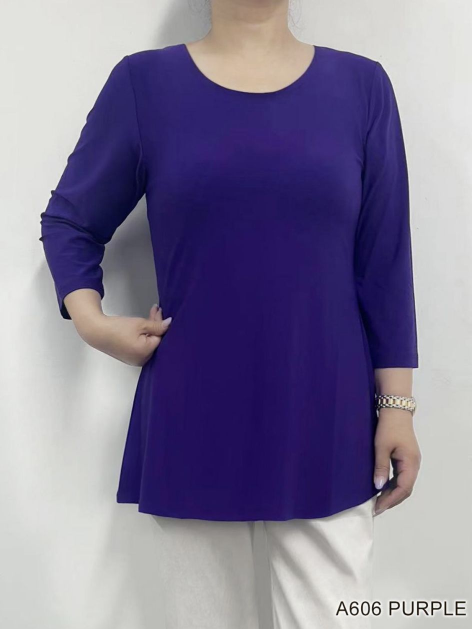 3/4 Sleeve Solid Top, Color: Purple, Size: Small