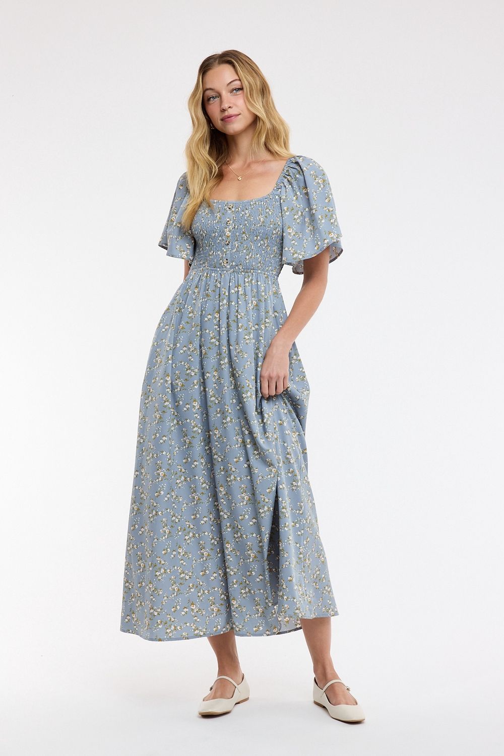 Floral Flutter Sleeve Midi Dress