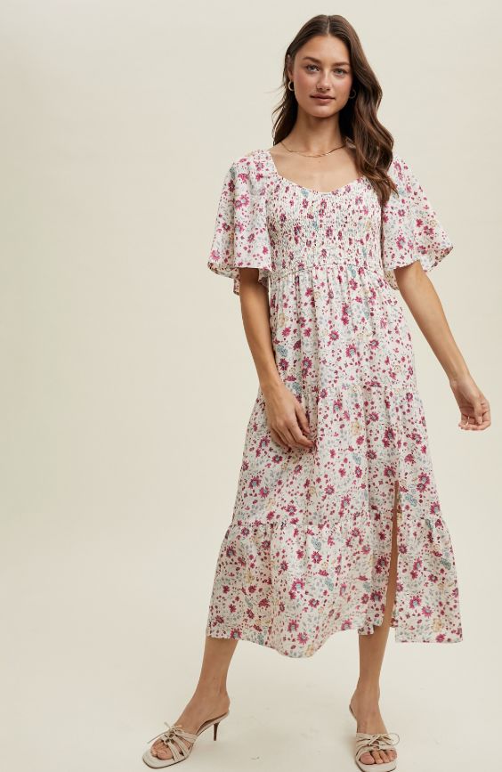Floral Flutter Sleeve Midi Dress, Color: Cream/Berry, Size: Small