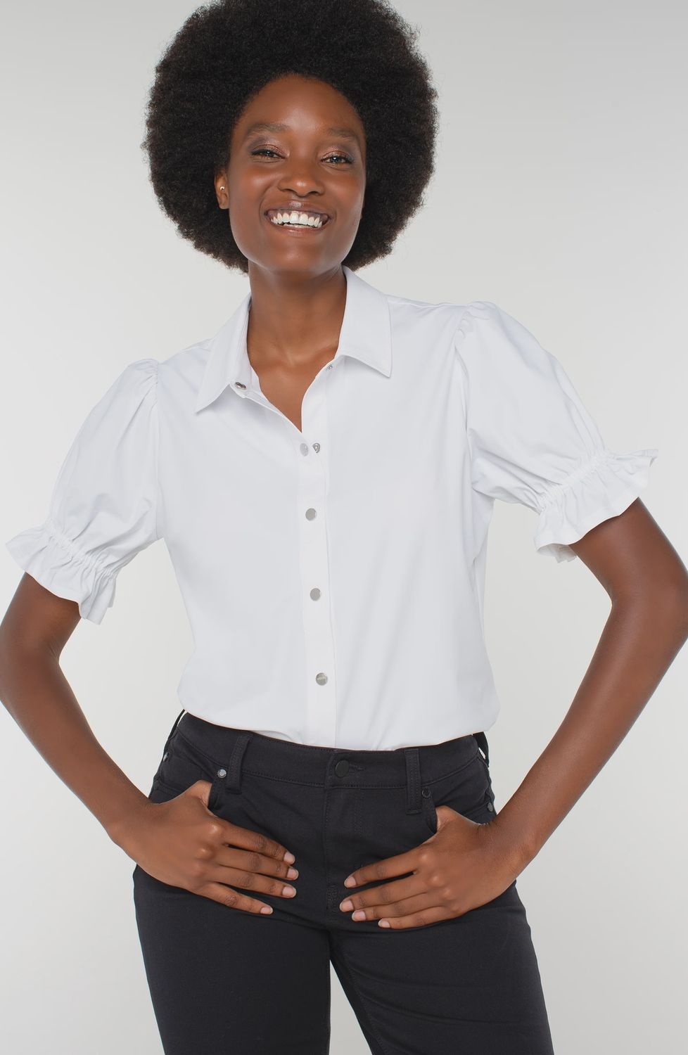 Elbow Puff Snap Front Knit Shirt, Color: White, Size: X-Small