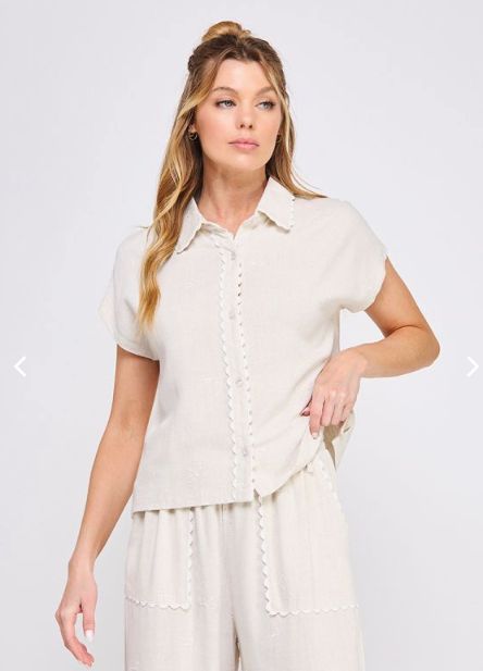 Bow Embroidered Soft Linen Button Up Shirt | SALE | MSRP: $50 | 20% Off, Color: Natural, Size: Small