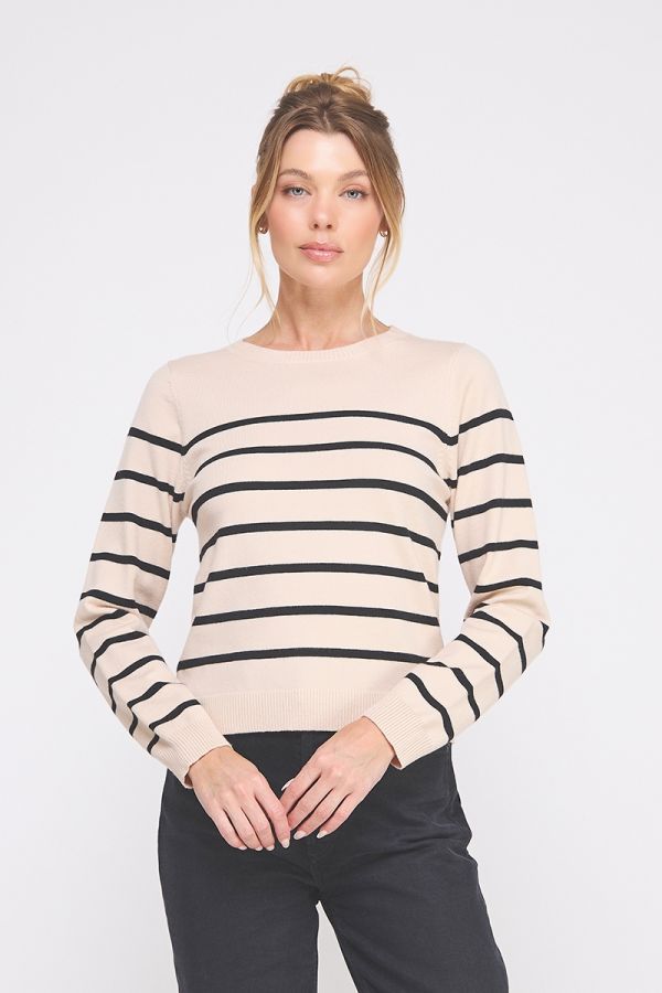 Fine Gauge Striped Sweater, Color: Sand Black, Size: Small