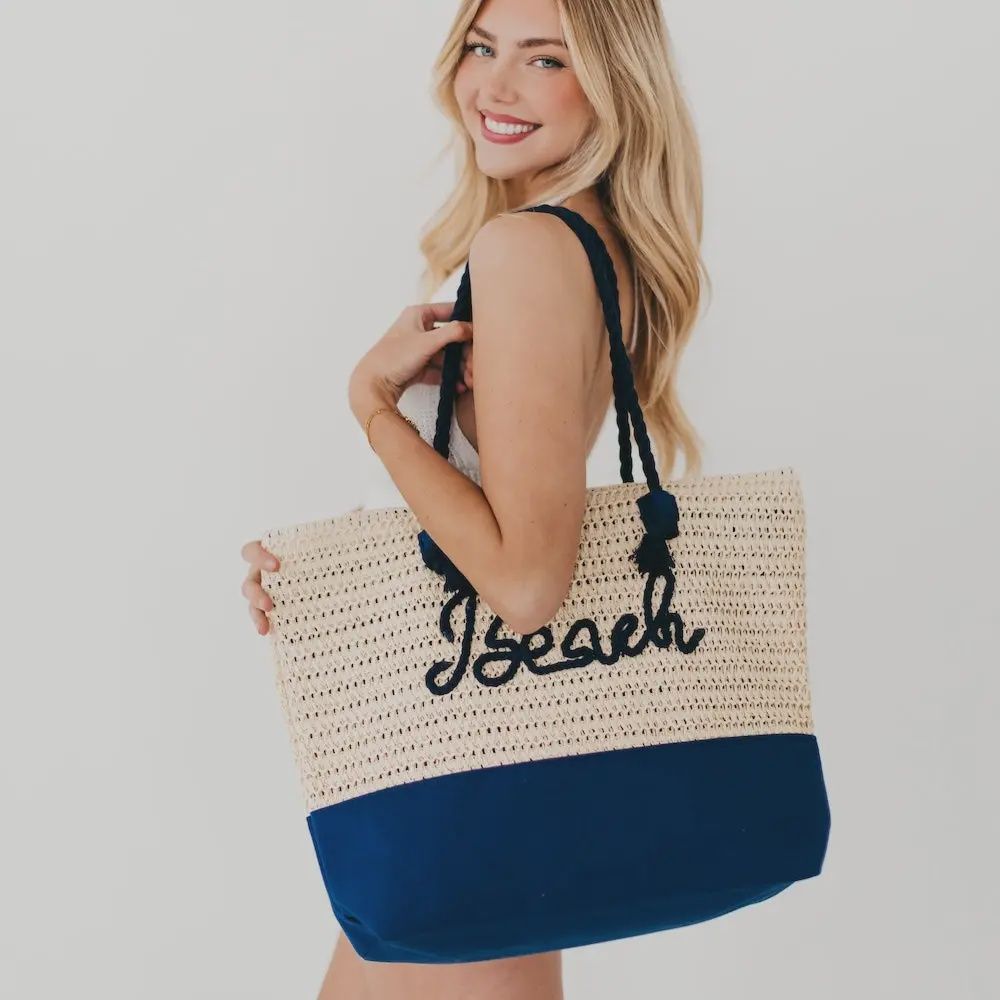 Beach Bum Raffia Tote Bag, Color: Navy