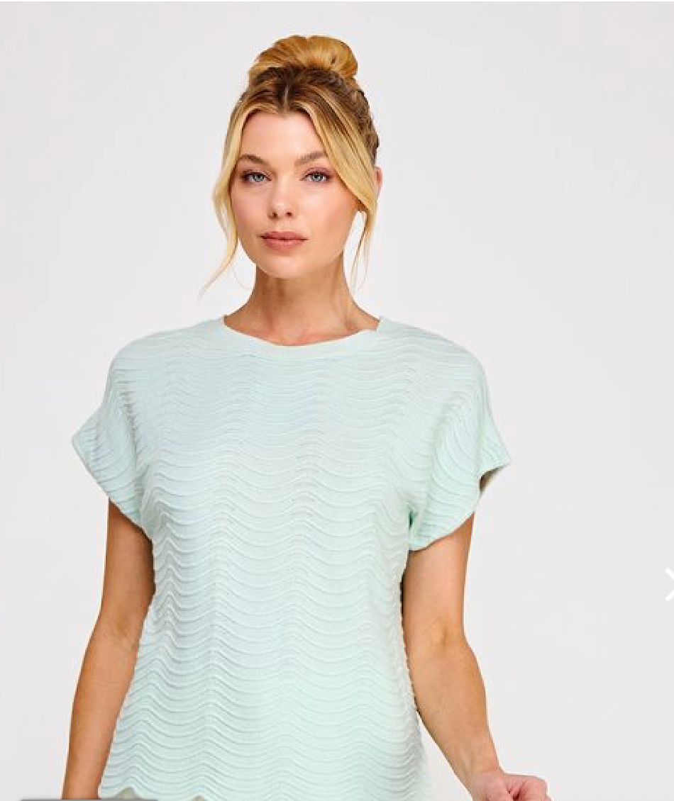 Scallop Pattern Relaxed Knit Short Sleeve Top, Color: Light Aqua, Size: Small