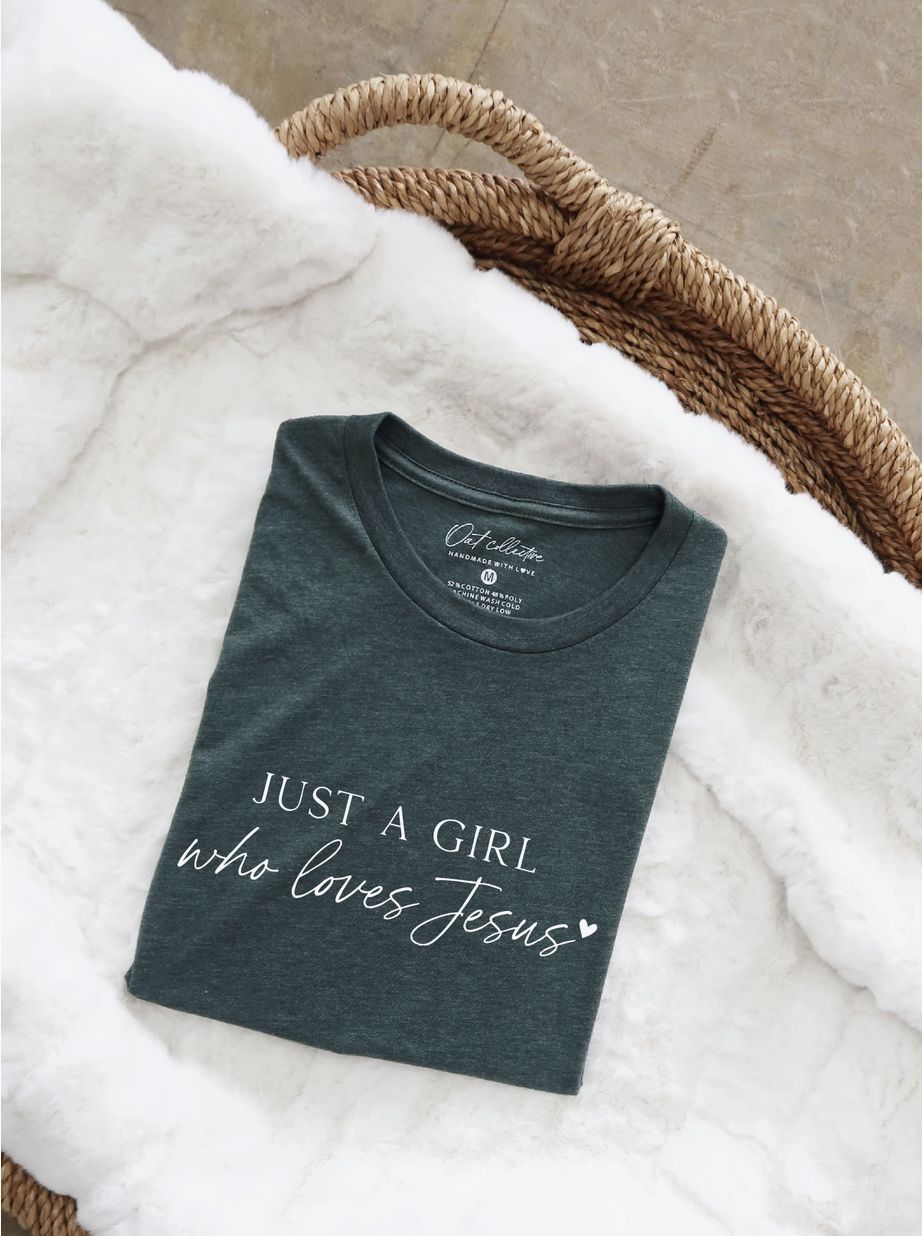 Just A Girl Who Loves Jesus Graphic T-Shirt, Color: Heather Forest, Size: Small