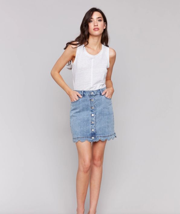 Scalloped Hem Button-Front Skort