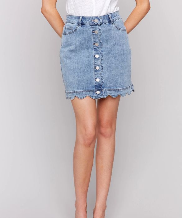 Scalloped Hem Button-Front Skort, Color: Denim: Indigo, Size: 0