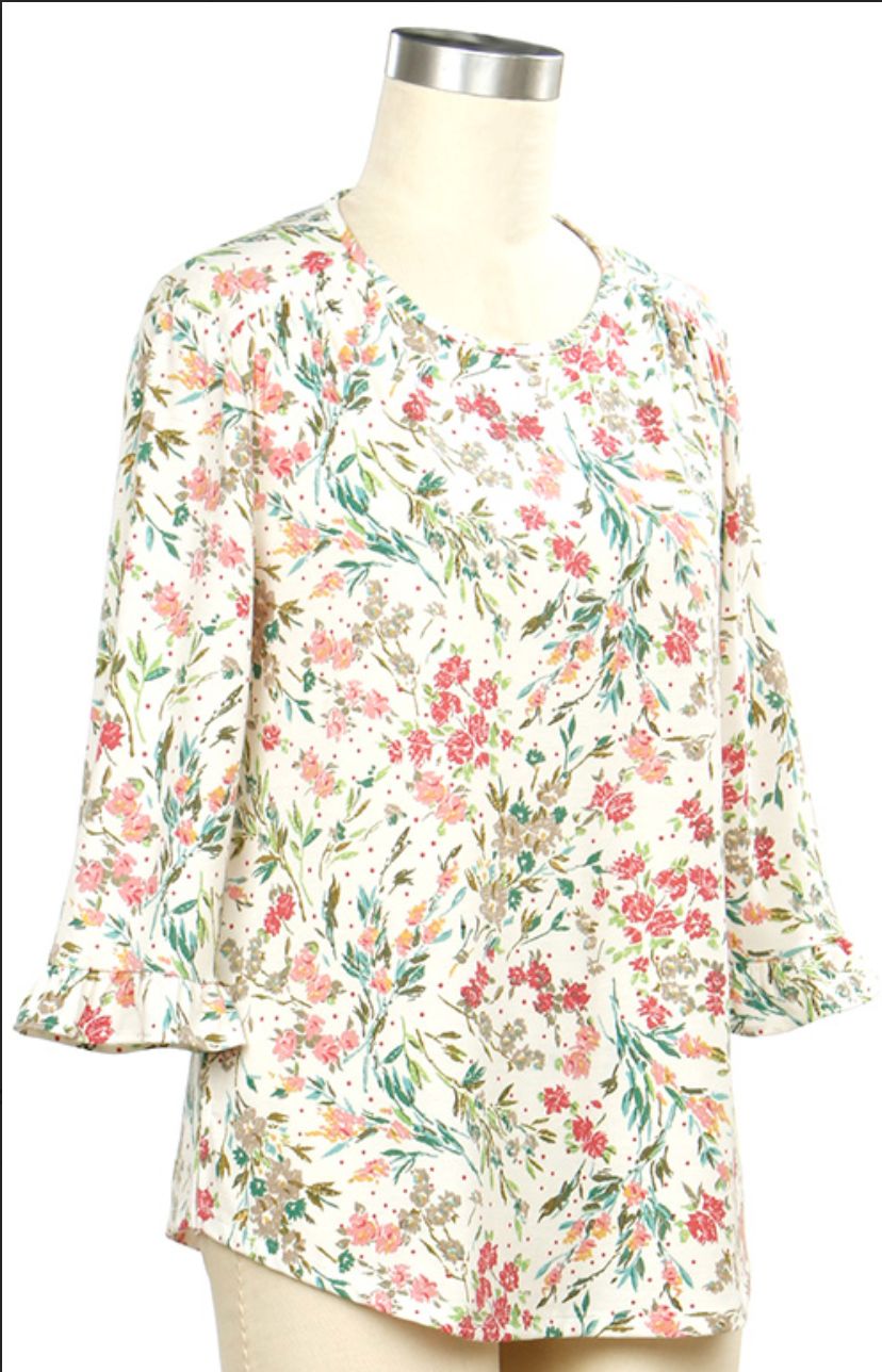 3/4 Sleeve Flower Print Top, Color: Pink Tan Olive, Size: Small
