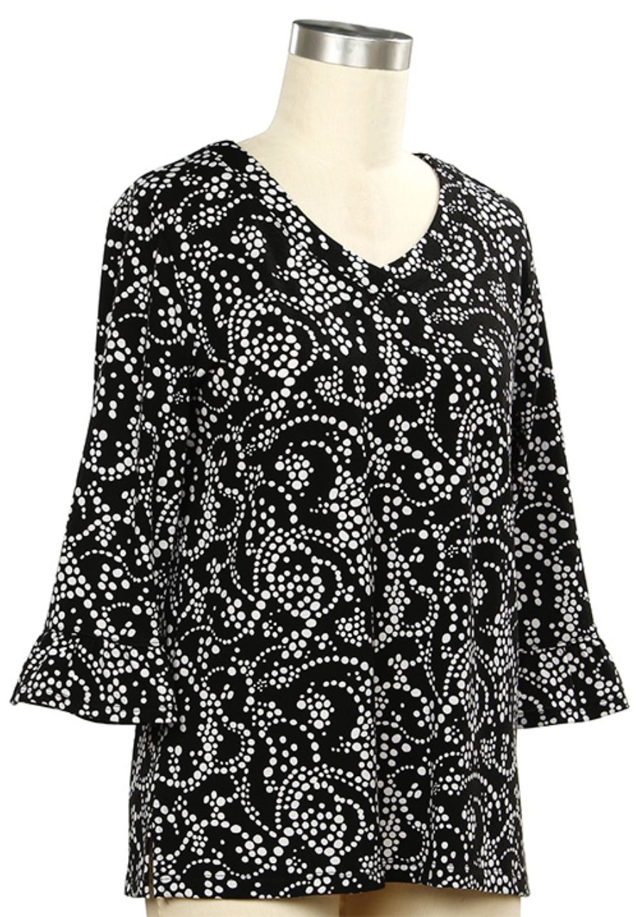 3/4 Sleeve Swirl Dot Print Top, Color: Black White, Size: Small