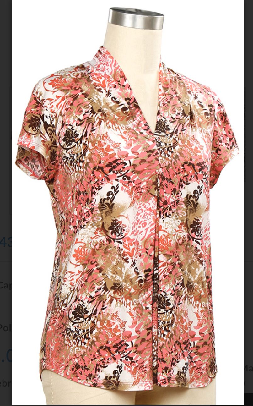 Genuine Sign Cap Sleeve Print Placket Top, Color: Hibiscus Oreo, Size: Small