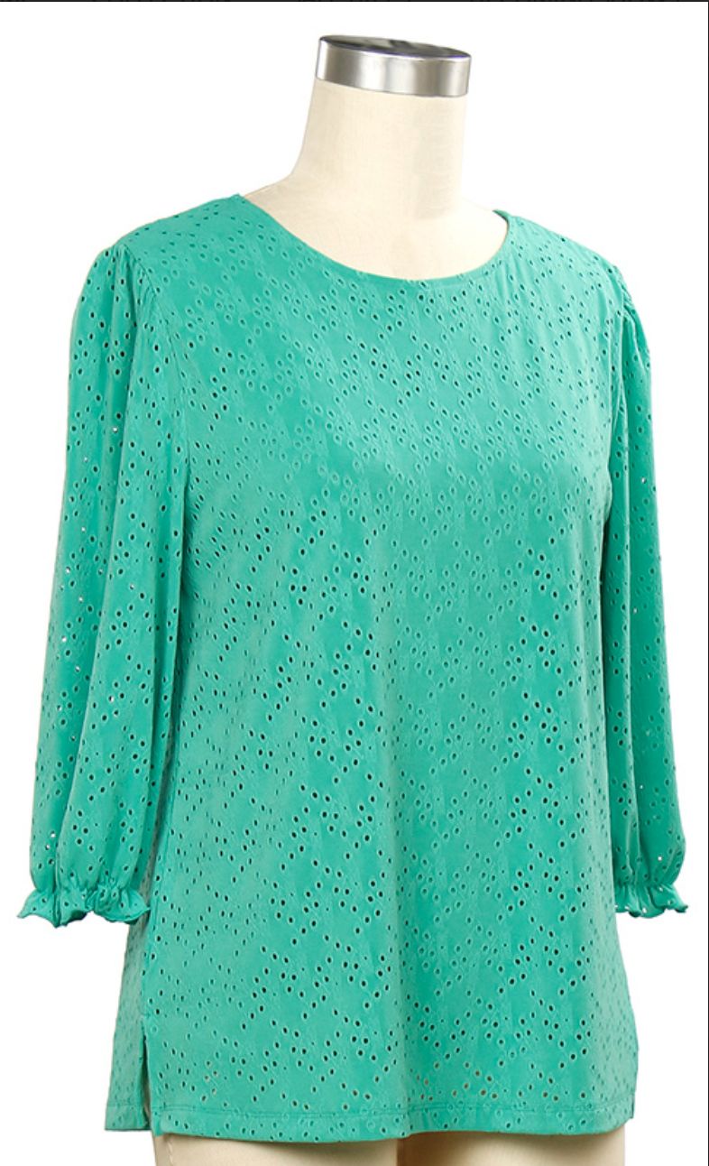 3/4 Sleeve Connections Novelty Knit Solid Top, Color: Verdigris, Size: Small