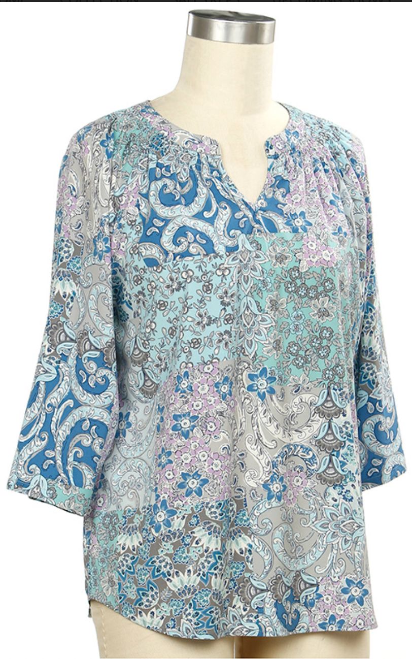 Act Natural 3/4 Sleeve Print Smock Neck Blouse, Color: Castaway Oahu, Size: Small
