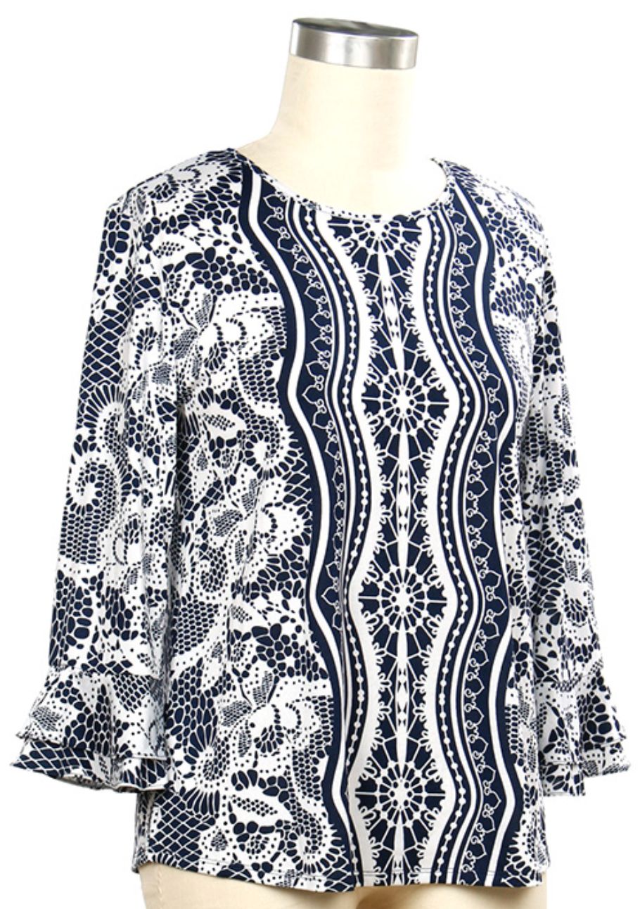 3/4 Sleeve Connections English Lace Print Top, Color: Phantom Ink White Lace, Size: Small