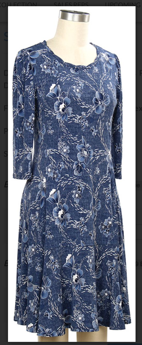 3/4 Sleeve Babs Flowers Print Dress, Color: Blue Denim, Size: Small