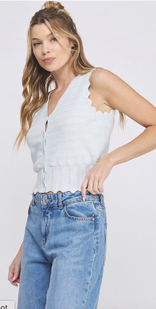 Pointelle Knit Button Up Vest with Scallop Edges