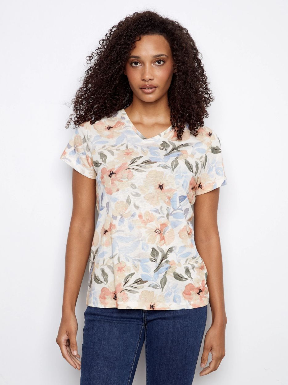 Printed V-Neck Short Sleeve T-Shirt, Color: Aurelia, Size: Extra-Large