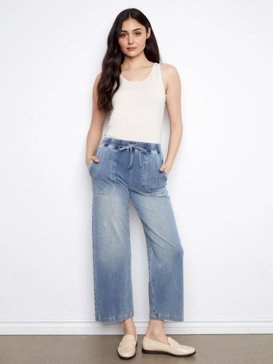 Knit Denim Wide Leg Jogger Pants