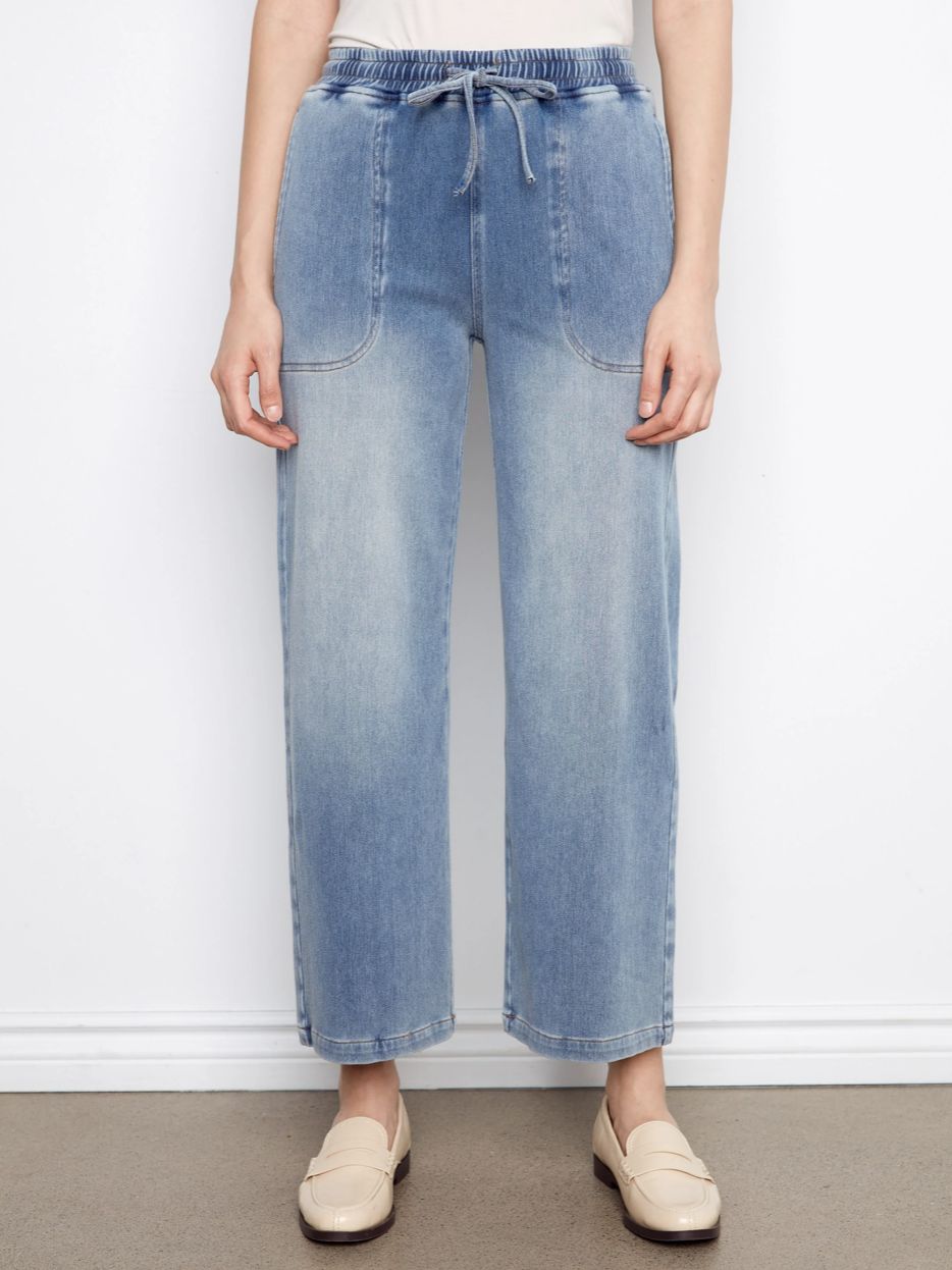 Knit Denim Wide Leg Jogger Pants, Color: Medium Blue, Size: Extra-Small