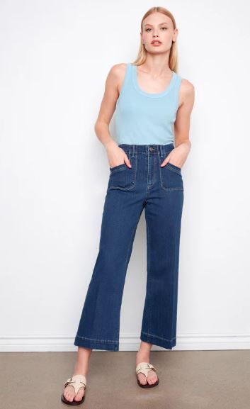 Cropped Wide Leg Stretch Denim Pants with Patch Pockets