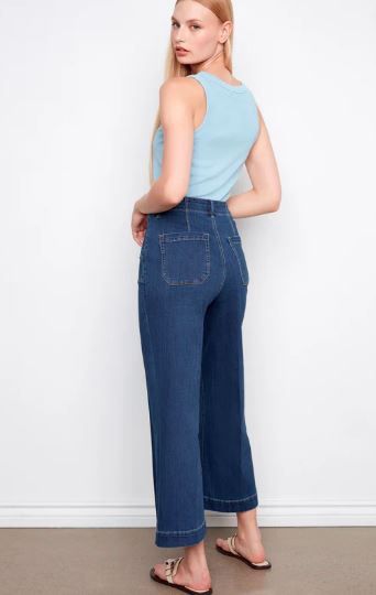 Cropped Wide Leg Stretch Denim Pants with Patch Pockets