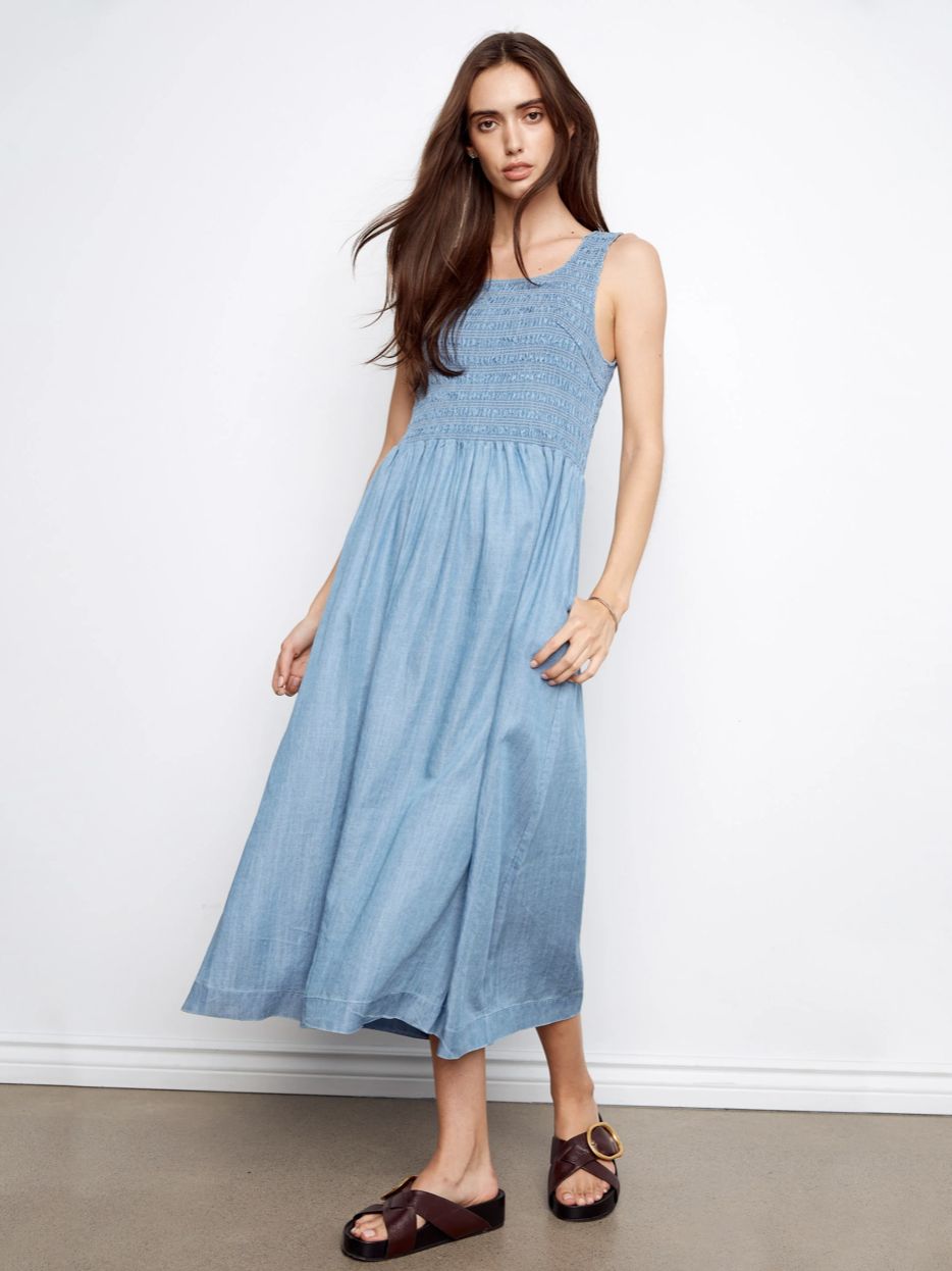 Sleeveless Tencel Maxi Dress with Smocked Bodice, Color: Soft Blue, Size: Extra Small